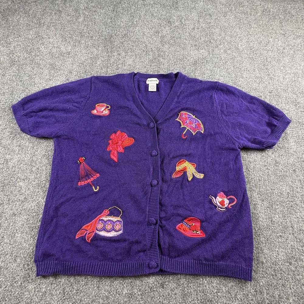 Vintage BonWorth Cardigan Womens M Purple Red Hat Grannycore Cottagecore Sweater